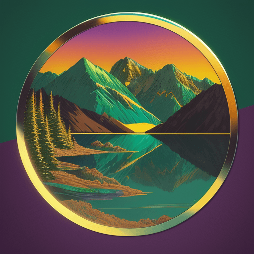 AI generated: 80s chrome and steel Retro Sunset, Mountain Lake scene, green, gold, illustration, inspired by James...