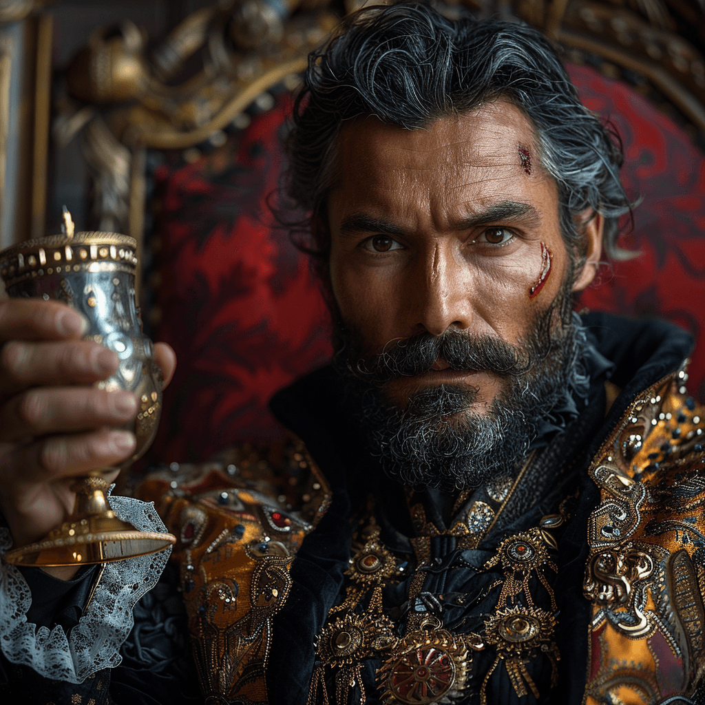 AI generated: the emperor holds a goblet while reclining on his throne, black hair with a beard, fantasy photograp...