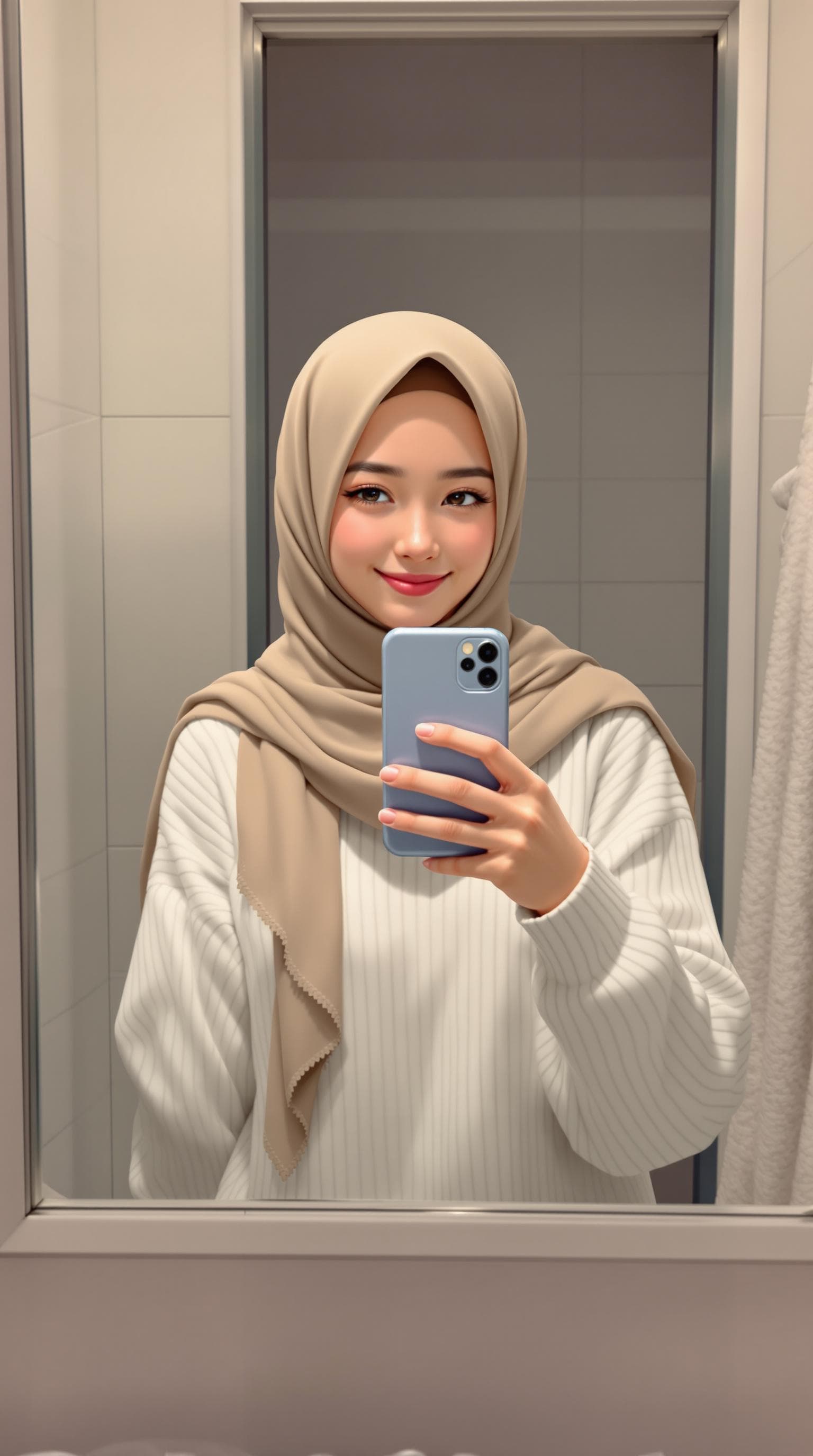 AI generated: anime, 1girl, wearing a hijab smiles, mirror selfie. wearing a white sweater and a beige hijab. The ...
