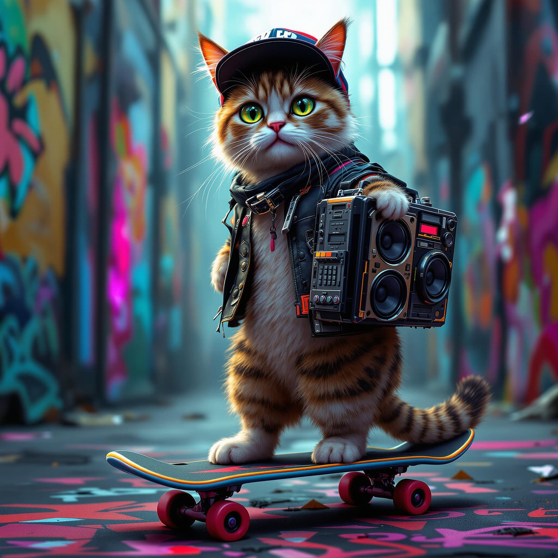 AI generated: Cyberpunk style, a cat standing on a skateboard, wearing a backwards baseball cap and holding a boom...