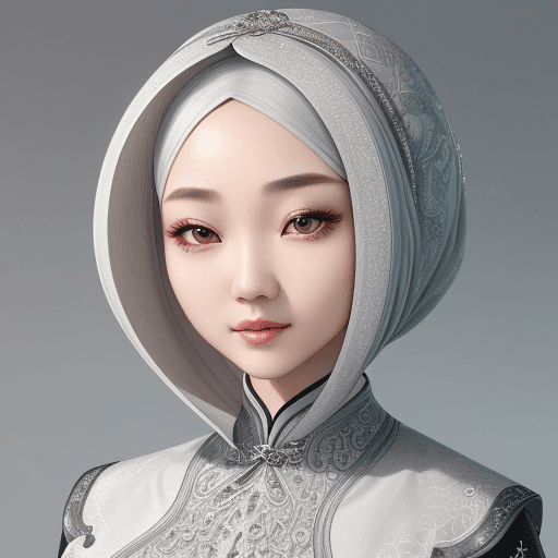 AI generated: A hijab Chinese girl with silver white hair, exquisite facial features, curly long bob hairstyle, hi...