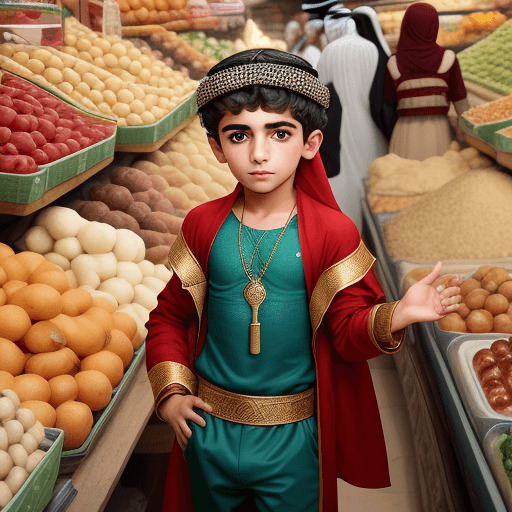 AI generated: High resolution photography, Arab boy, wearing Arab outfit ,  in the market