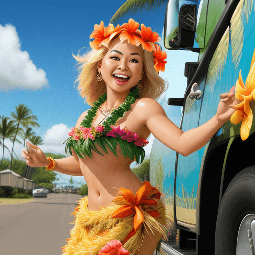 AI generated: beautiful, hawaiian hula dancer, laughing, grass skirt, Hawaiian Jumbo Necklace Mahalo Floral Leis, ...