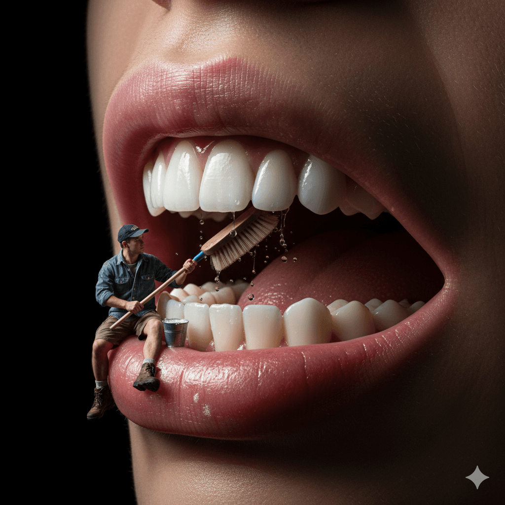 AI generated: Create a surreal composite artwork showing a tiny man cleaning the teeth of a giant human mouth. The...