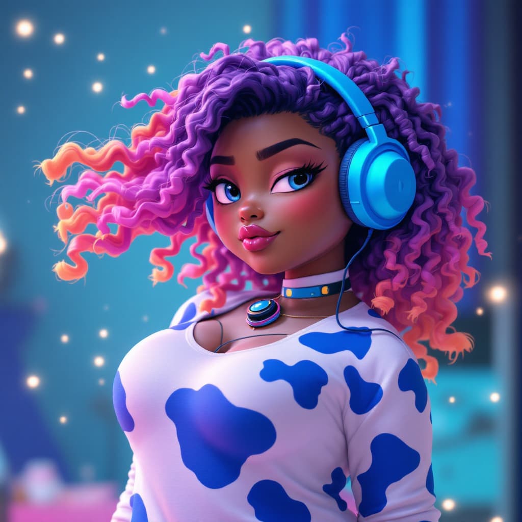 AI generated: curvy, Dark skin, dark skin anime girl, blue cow print, blue thick cow tail,  blue cow ears, 30s, CH...