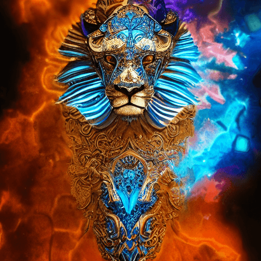 AI generated: a photo of 8k ultra realistic lion with wings, full body, intricate purple 
and blue neon armor, orn...