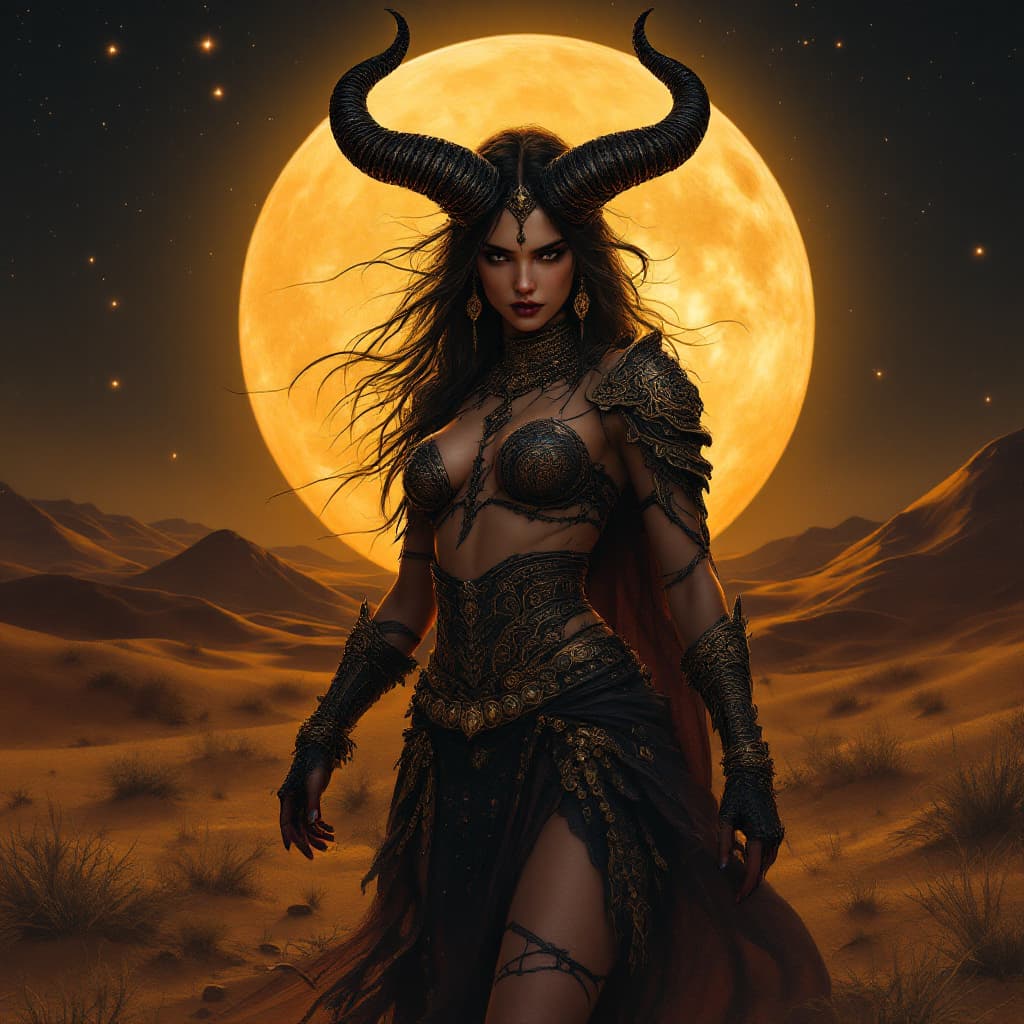AI generated: A detailed and atmospheric illustration, full body shot of a young beautiful European female horned ...