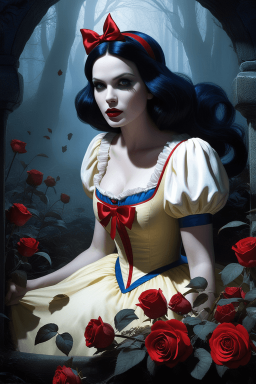 AI generated: Snowwhite,nightmare version by Greg rutkowski and Guillermo del Toro ,creepy,mystique, horror 