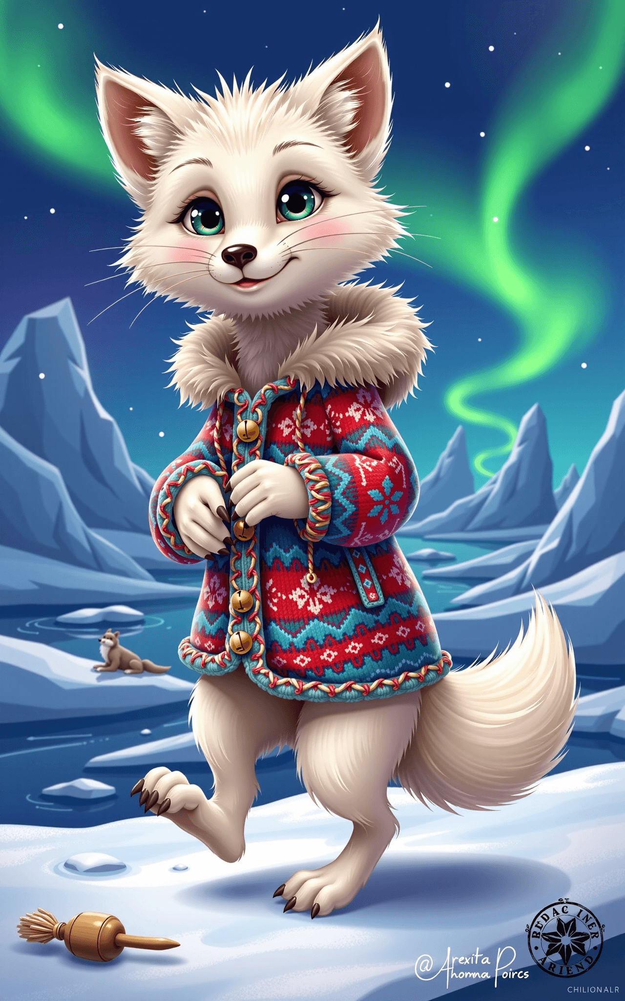 AI generated: Funny caricature of a young Arctic fox, about 5 years old, with exaggerated features: fluffy white f...