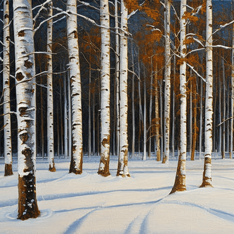 AI generated: a painting of some trees in the snow, an oil painting, shutterstock, american scene painting, birch ...