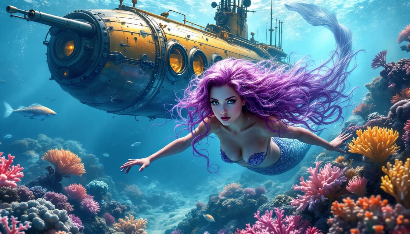 AI generated: Envision a photorealistic portrayal of a 1920s steampunk submarine, echoing Jules Verne's imaginatio...