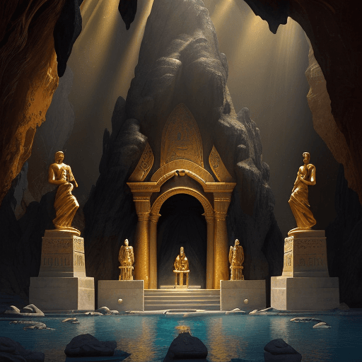 AI generated: new art : a teardrop-shaped treasure inside a cave on a altar around water with statues of pharaohs....