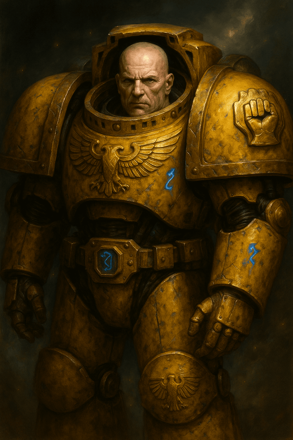 AI generated:  Iron Fists en armure "Tactical Dreadnought Armor" jaune : Image digitale hyperréaliste, mêlant pein...