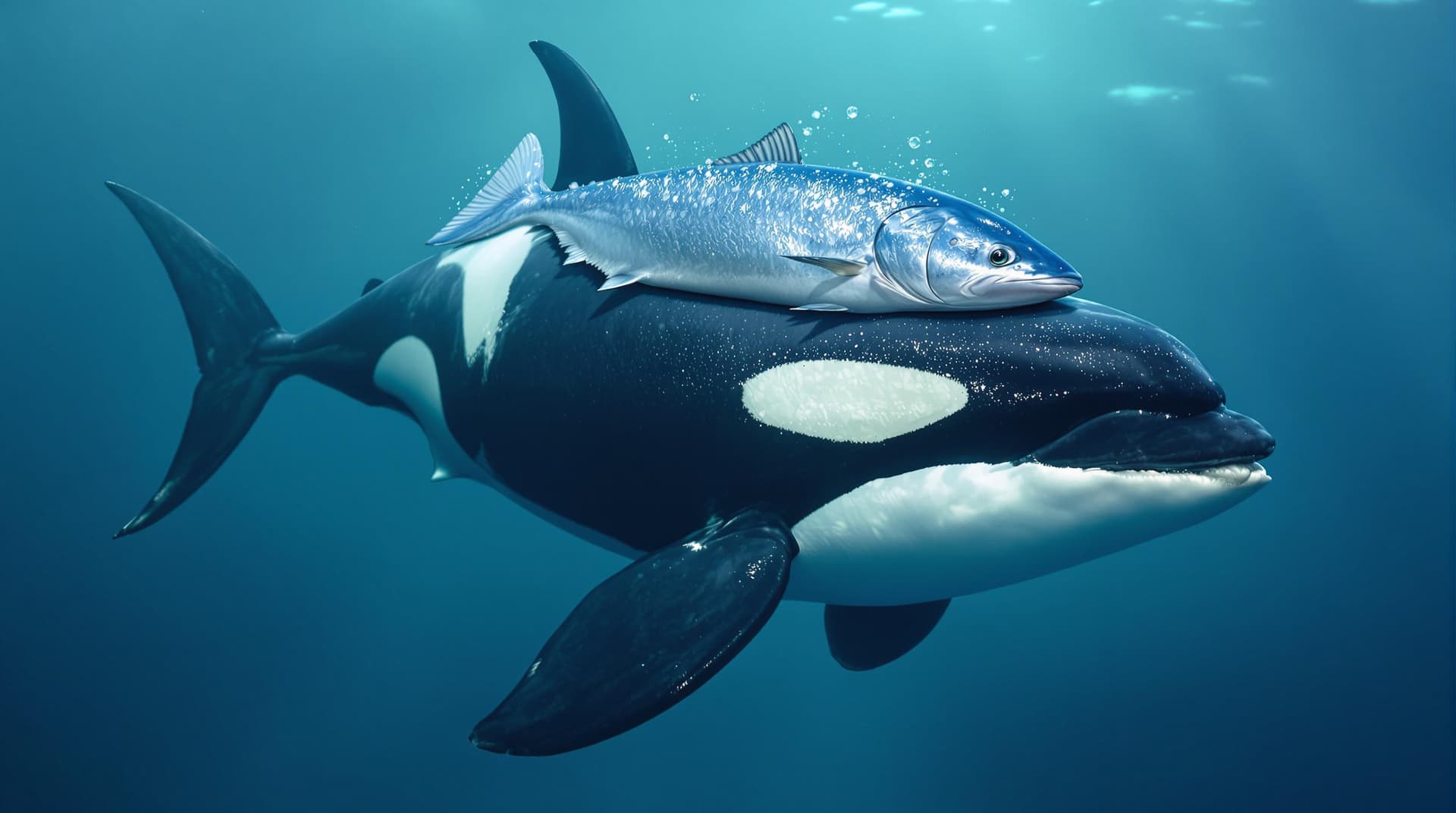 AI generated: A highly realistic Orca swimming in the ocean, wearing a Salmon fish on its head