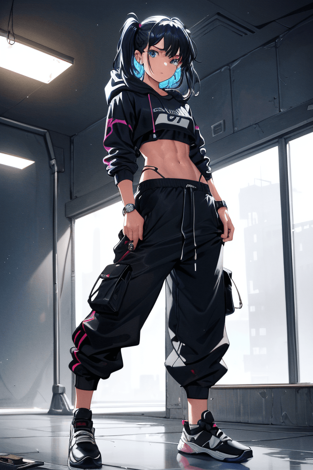 AI generated: 1girl, full body, young woman, (skinny, abs, flat chest, small breasts:1.0) , black messy hair, phot...