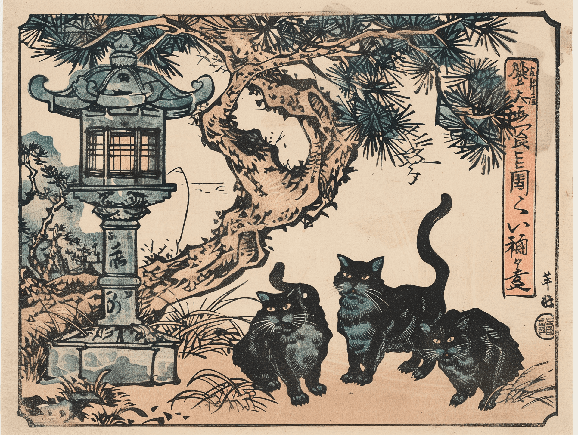 AI generated: n the Japanese woodcut print, three black cats with their curled tails stand under an ancient lanter...