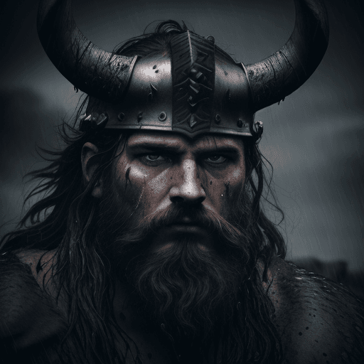 AI generated: Close-up of Viking King emerging from wet black mud :: Dark metal helmet with two large black horns ...