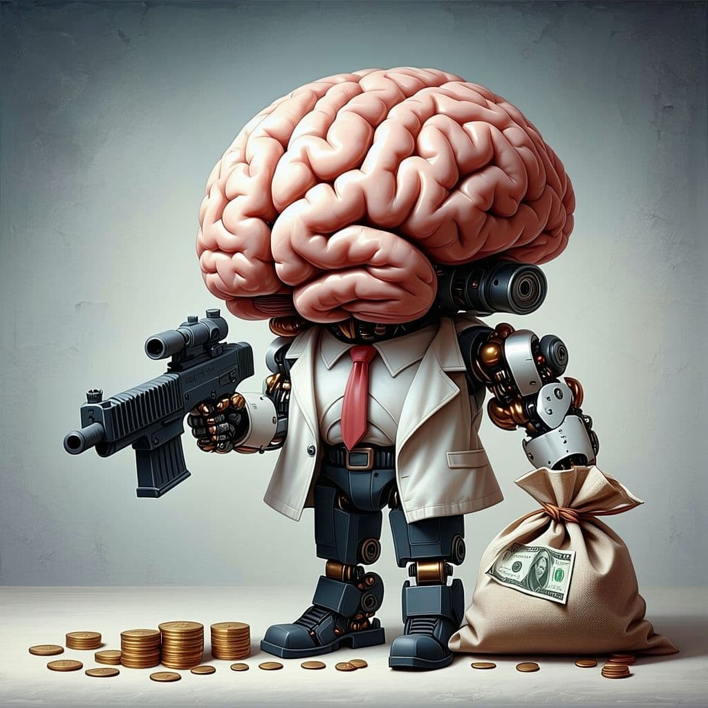 AI generated: a brain has two arms, one with a machine gun, one with a bag of dollar. 
