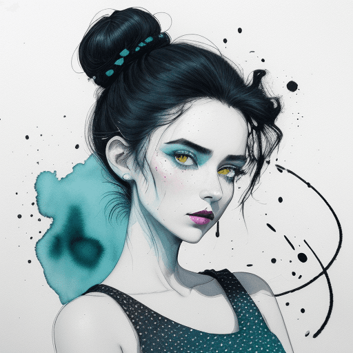 AI generated: "portrait of a beautiful stunning girl, big swirl  neon  Black   hair, messy small bun hair style, d...
