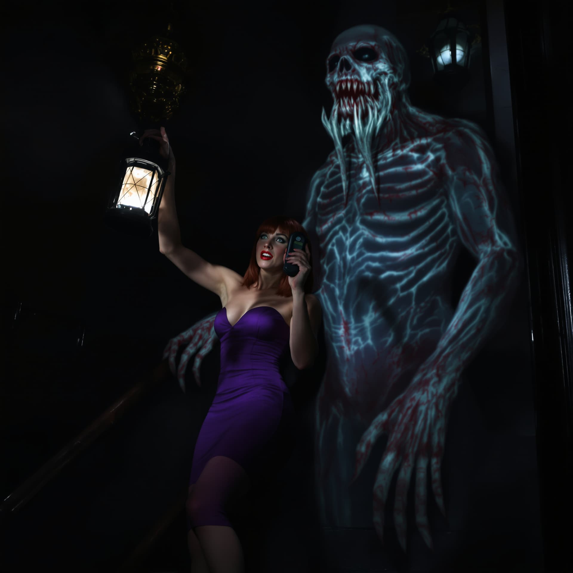 AI generated: a ghost hunter in a short, form fitting purple dress, without underwear on a cold night, is standing...