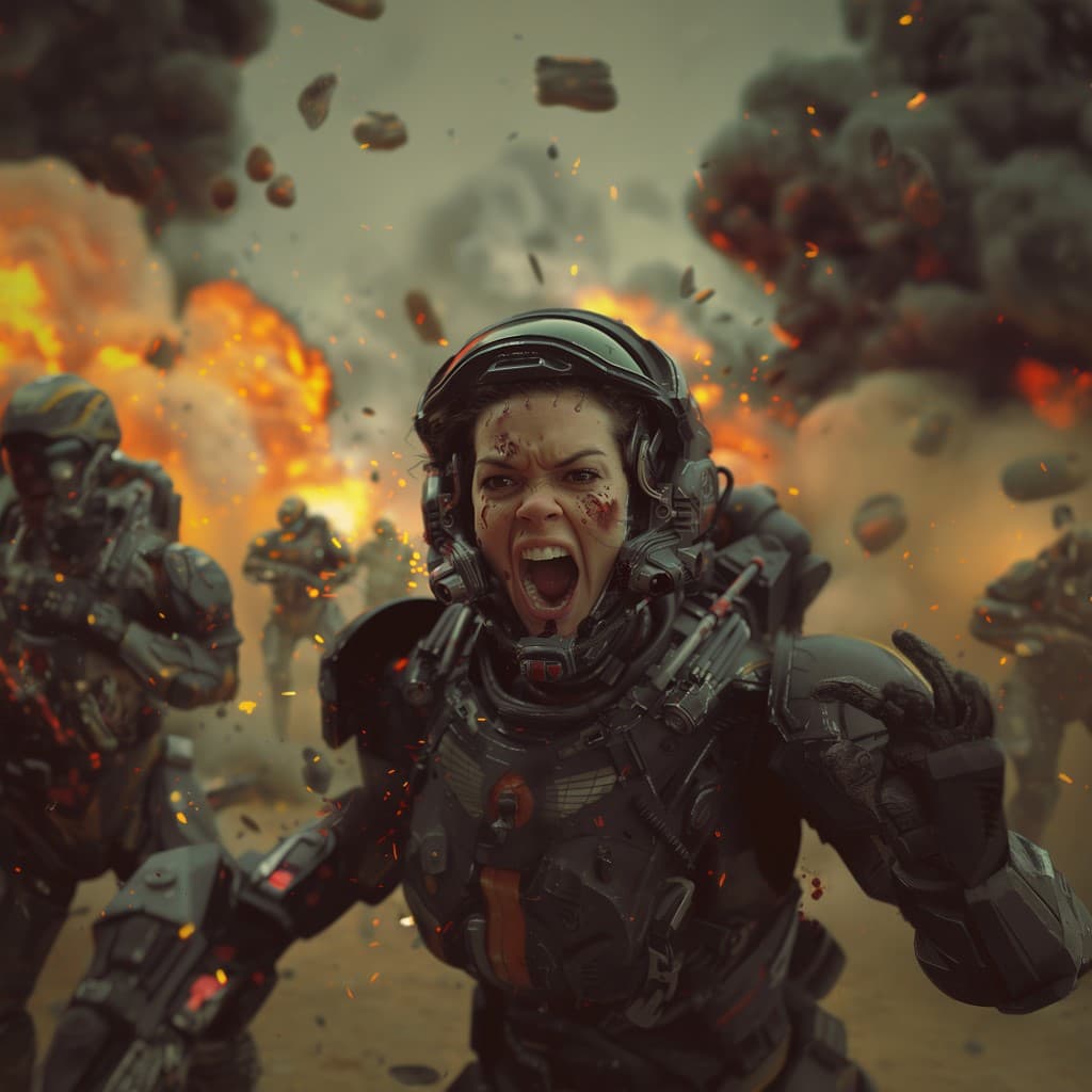 AI generated: 
female scifi space marine with helmet off, in the background soldiers are fighting, explosions. sh...
