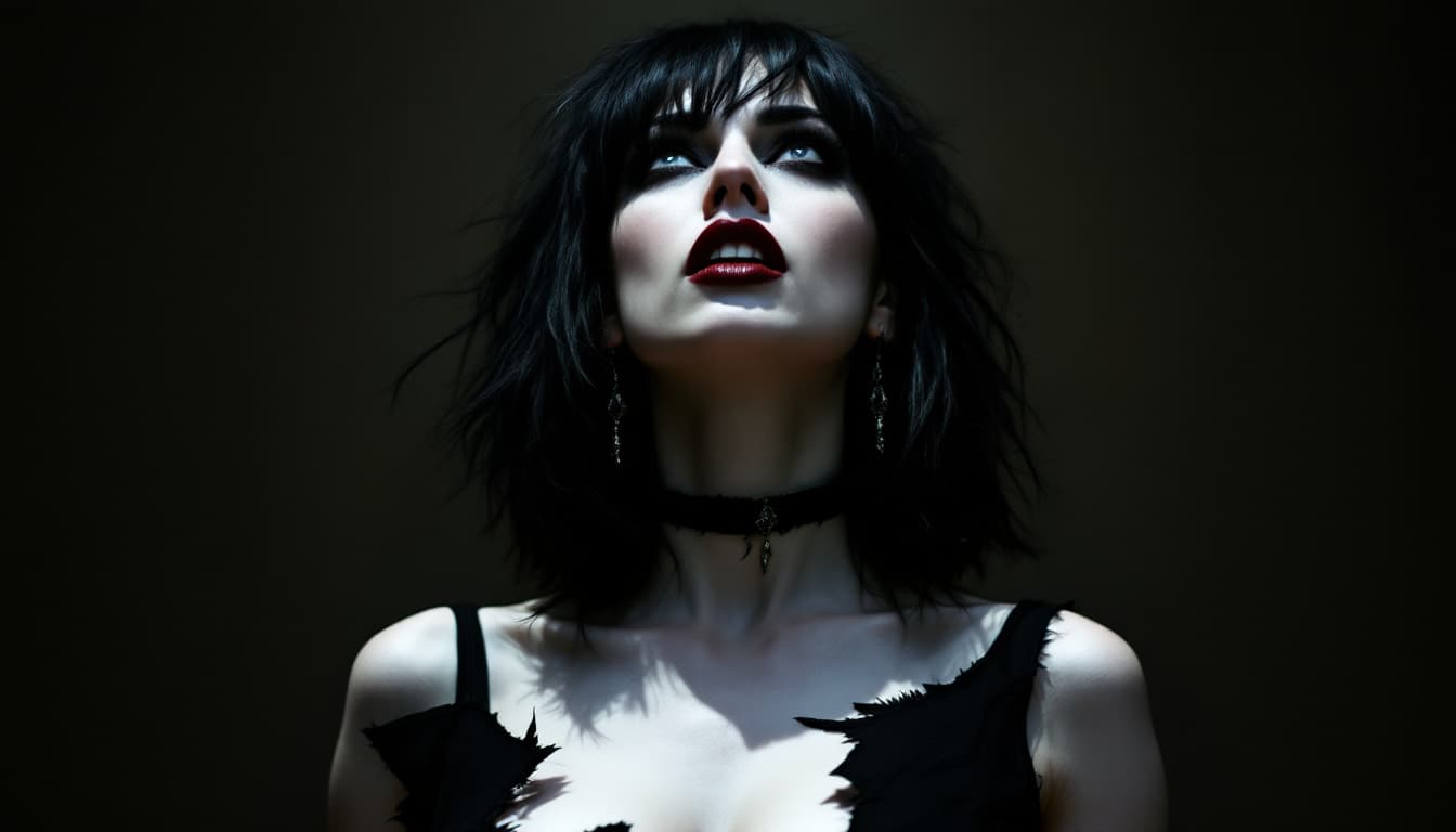 AI generated: 
A woman stands tall, her dark hair a stark contrast to her pale skin. Her hair is shoulder-length, ...