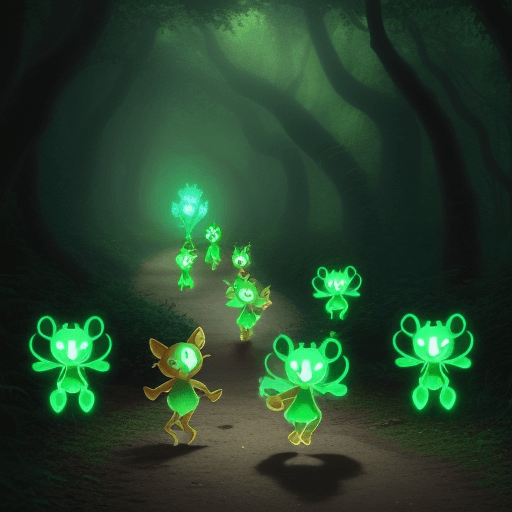AI generated: A group of mischievous glowing forest sprites blocking a forest path, giggling and dancing around a ...