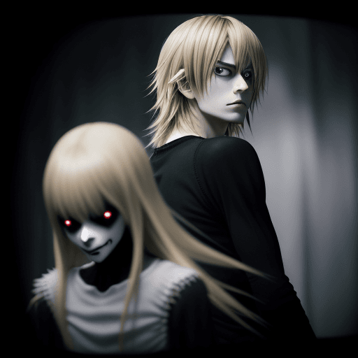 AI generated: Ryuk from death note with long bangs and shoulder-length blond hair stands in the foreground of the ...