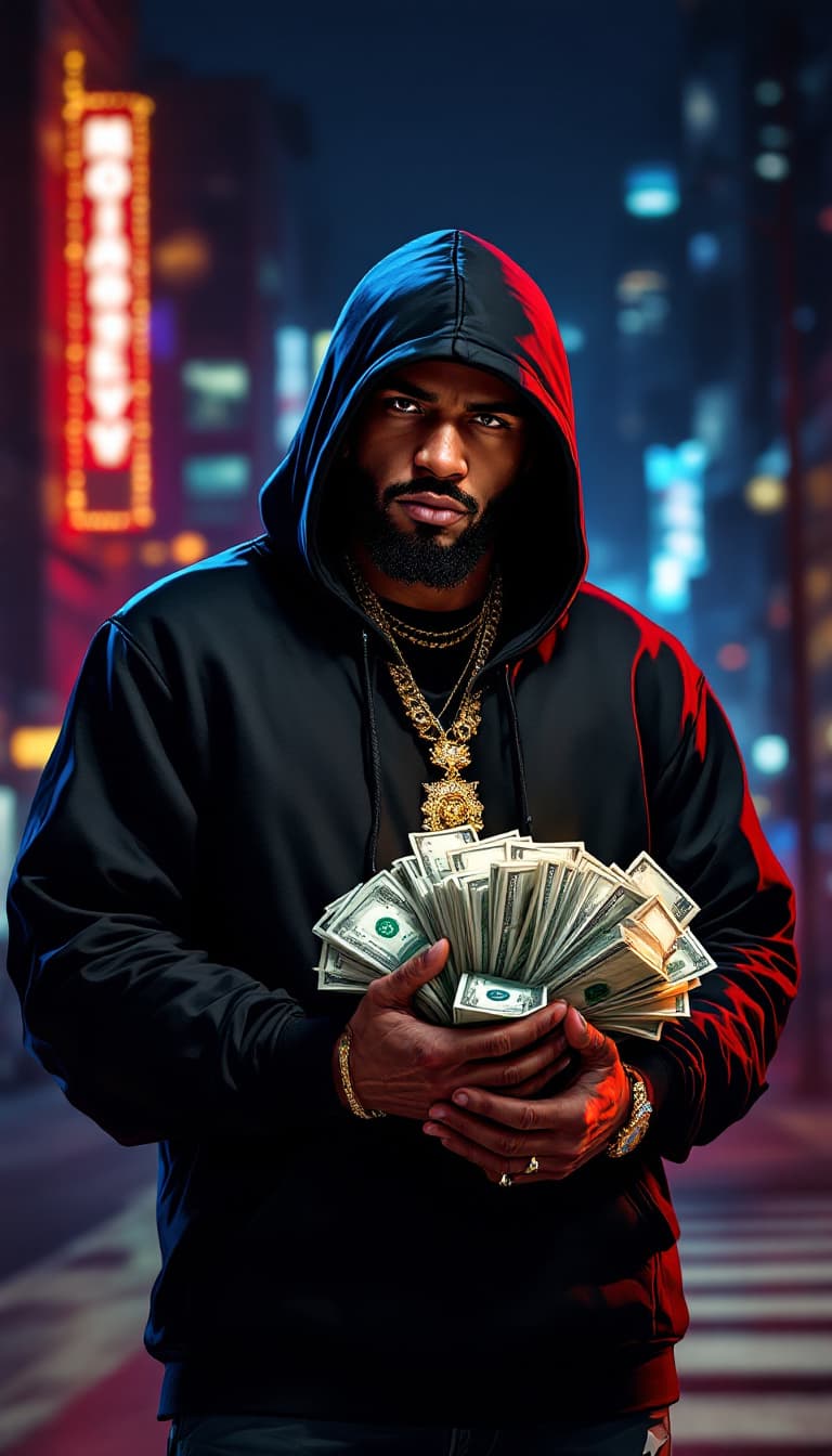 AI generated: arafed man in a black hoodie holding a bunch of money, gta art, style of gta v artworks, paid artwor...