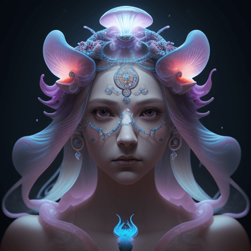 AI generated: Goddess close-up portrait ribcagel. jellyfish phoenix head, nautilus, orchid, skull, betta fish, bio...