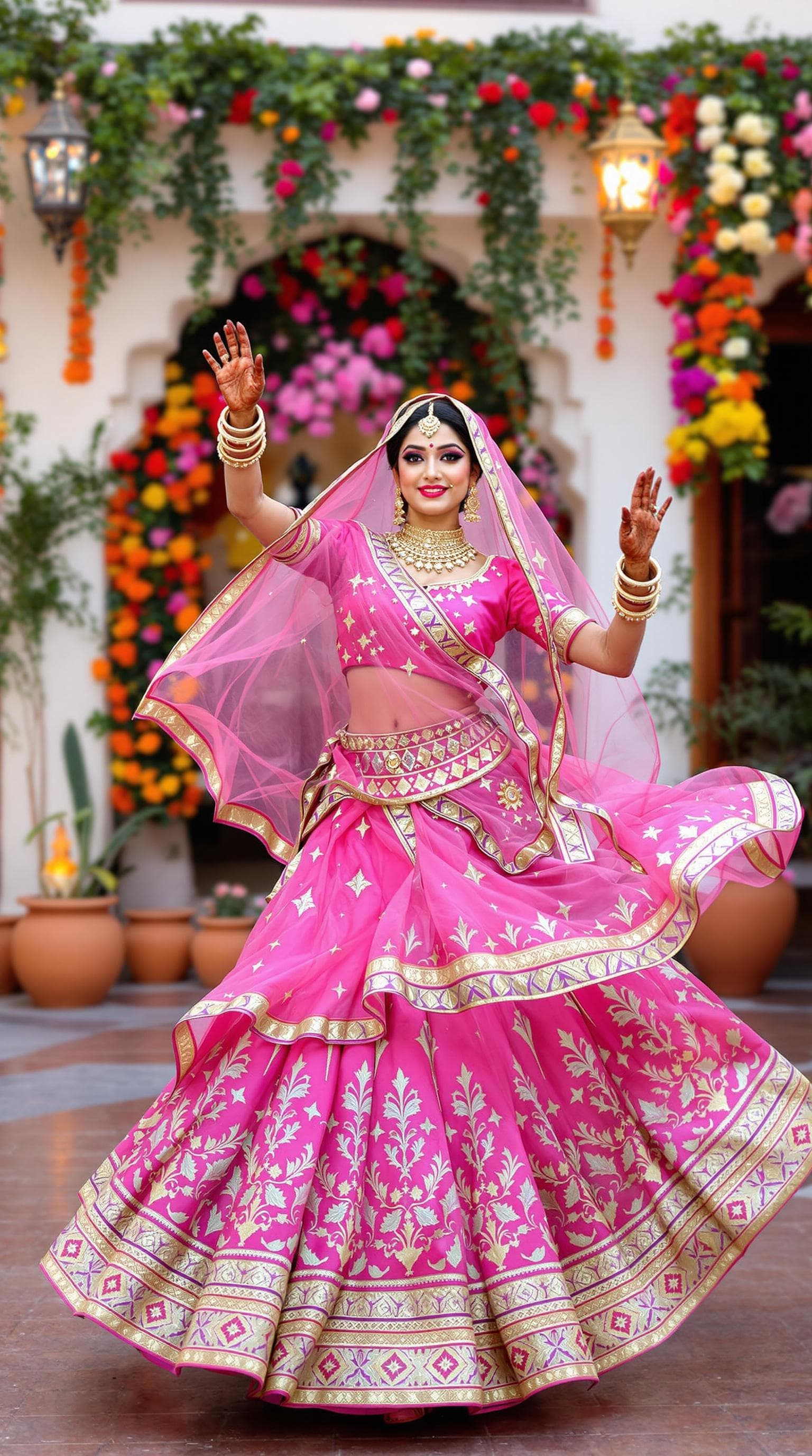 AI generated: "A traditional Rajasthani woman, dressed in a stunning pink lehenga with intricate embroidery and go...
