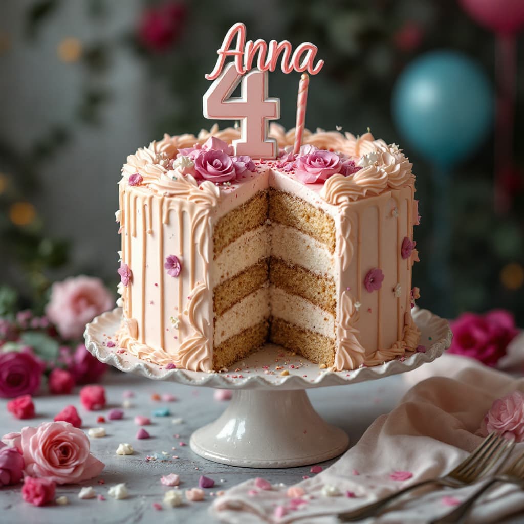 AI generated: hyper realism, high detail, cake, and a birthday card that says Anna
