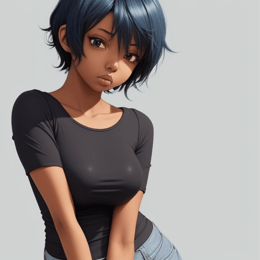 AI generated: cute anime black girl short blue hair in tight shirt