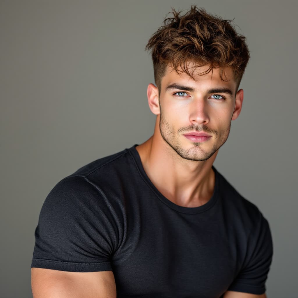 AI generated: Portrait of a 29-year-old white American man, pale skin, tousled chestnut hair, sharp cheekbones, cl...