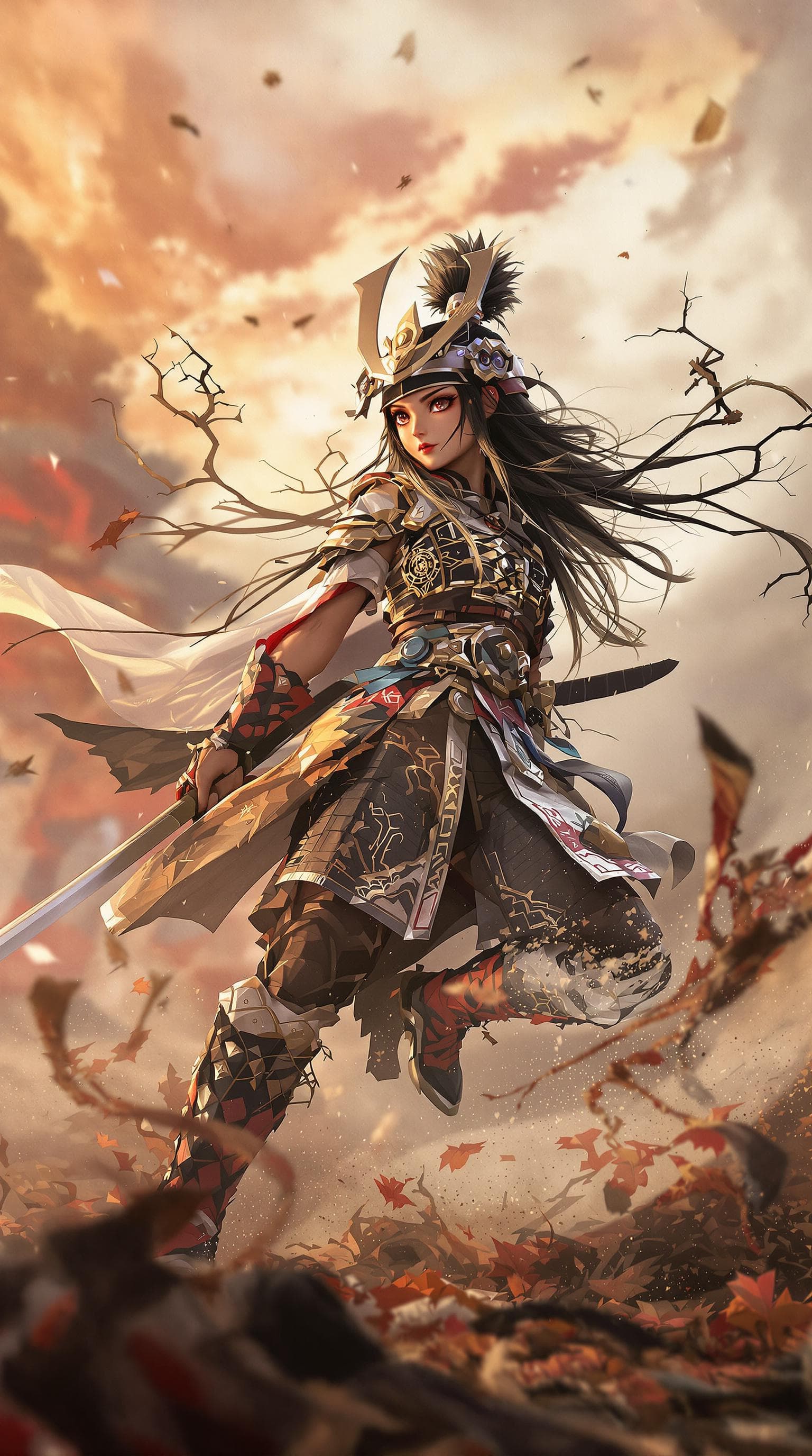 AI generated: Very realistic and stunning Image of cute and adorable Samurai Girl. big eyes, Battlefield, wearing ...