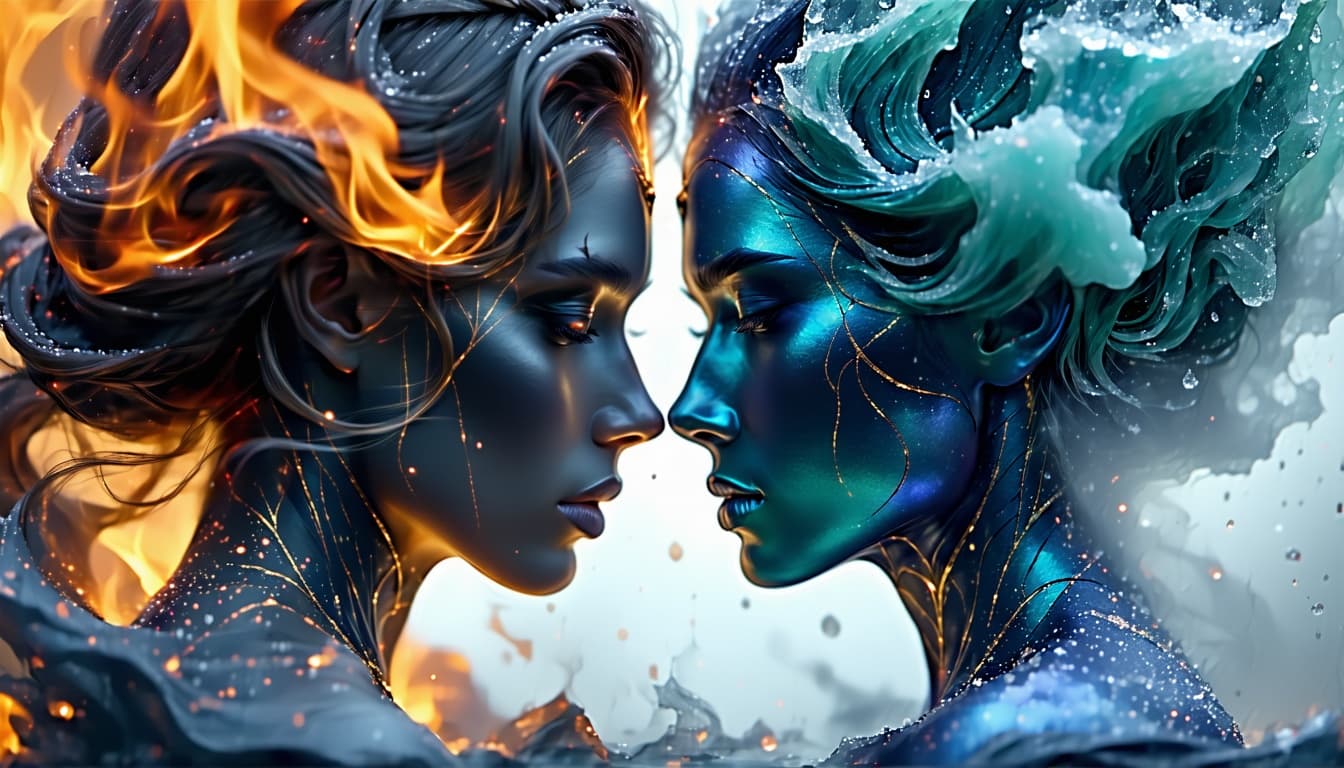 AI generated: YouTube thumbnail 16:9, two side profiles, forehead to forehead, perfect mirrored composition. Left ...
