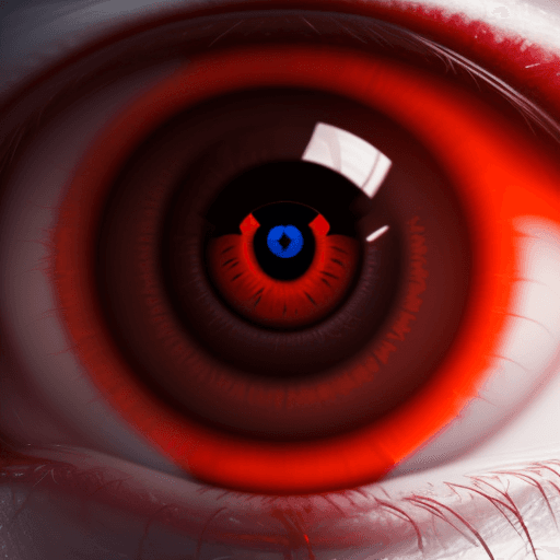 AI generated: infernal eye, fiery red color, hyper-realistic, a light of kindness and fear is reflected in the pup...