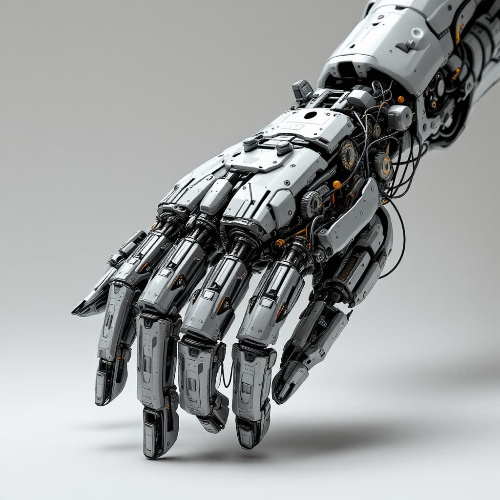 AI generated: An intricate mechanical hand with 4 fingers  designed with futuristic aesthetics, showcasing detaile...