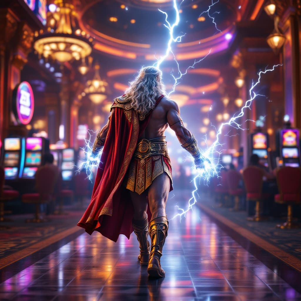 AI generated: Zeus from canonical slot game Gates of Olympus with lightning in hands walking through a Casino in L...
