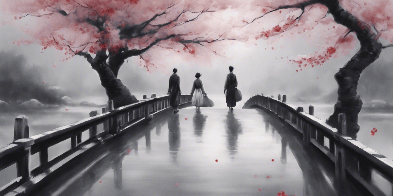 AI generated: two people walk the bridge under a large cherry blossom, in the style of atmospheric paintings, gray...