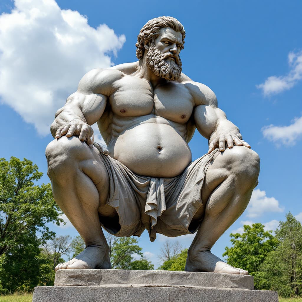 AI generated: I want a large regal statue just from the waist down, of man doing a squat. I want this to be . I wa...