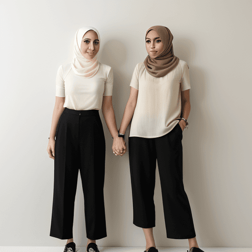 AI generated: Two people, one wearing a black shirt, with brown and cream pants facing forward and wearing a white...