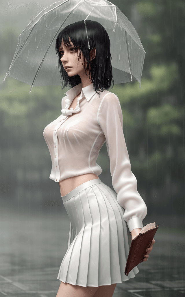 AI generated: a skinny woman with small breast wearing a wet white silk blouse and pleated skirt under the rain in...