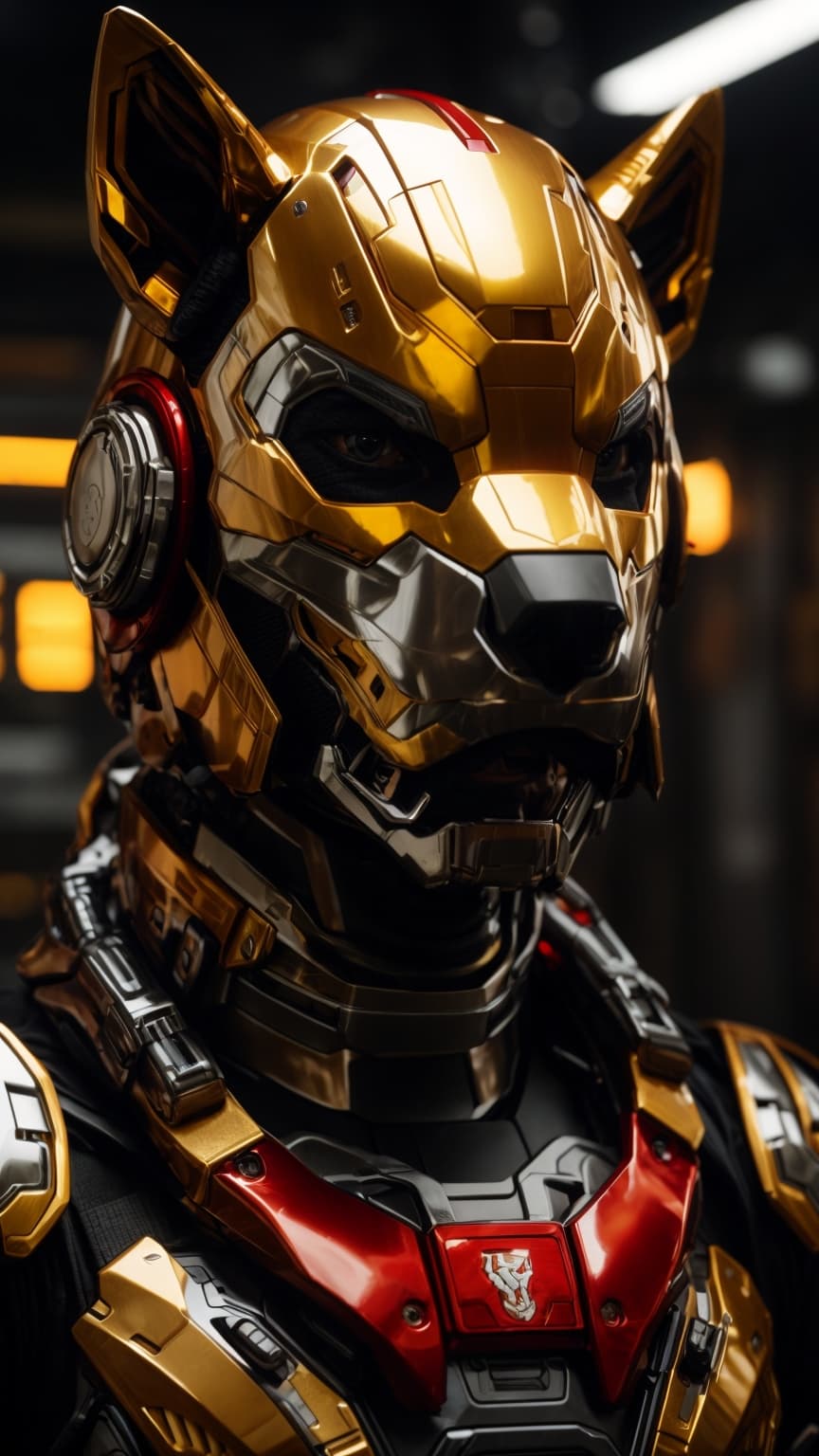 AI generated: an image of dog portrait, alert pose pose, cyberpunk style, wearing bionic helmet, wearing iron man ...