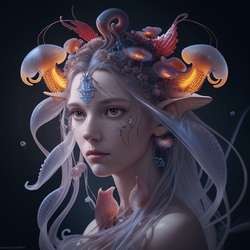 AI generated: Goddess close-up portrait ribcagel. jellyfish phoenix head, nautilus, orchid, skull, betta fish, bio...