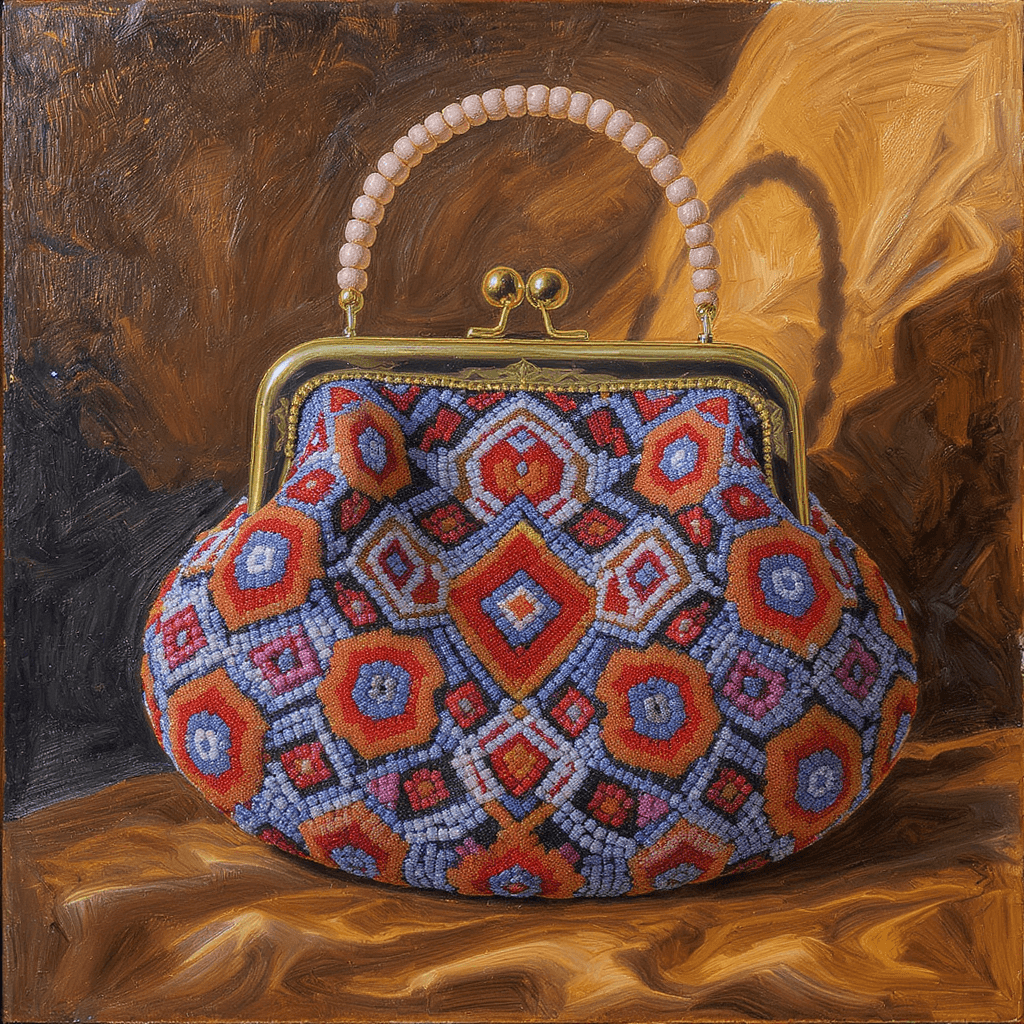 AI generated: A highly detailed and realistic acrylic painting of a bead worked purse. The purse is intricately de...