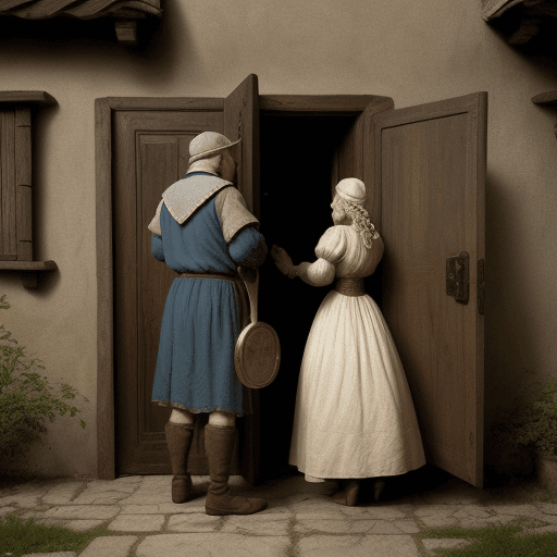 AI generated: A peasant man pleading with his wife behind a locked door. ambience of an old-time fairy tale amibia...