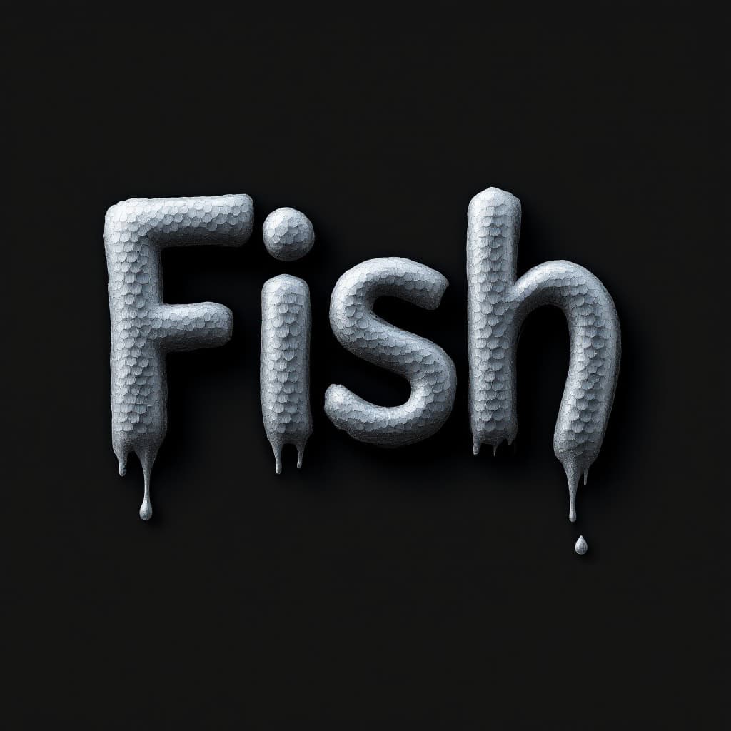 AI generated: The word "Fish"	Slimy, smooth, wet scales The text is 3D, photorealistic, and placed on a clean blac...