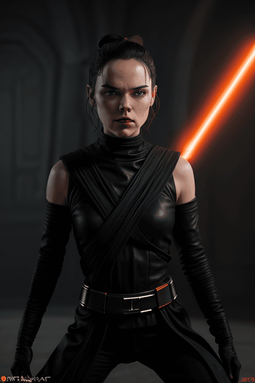 AI generated: Rey Skywalker (daisy ridley face) as sith in  Black Sith outfit kneel before viewer, dark red lips, ...