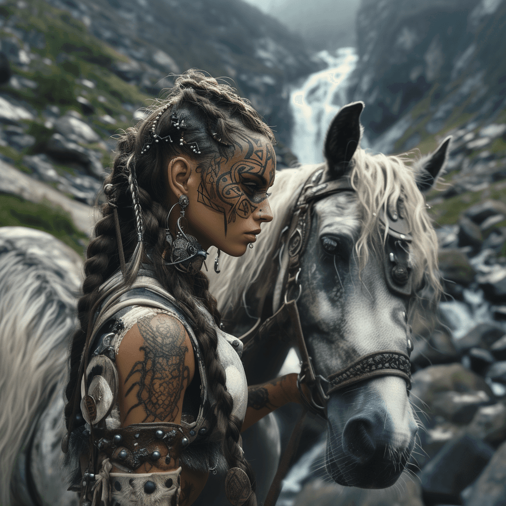 AI generated: beautiful nordic viking princess, she is in her homeland with beautiful mountains and waterfall, she...